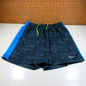 Saucony mens black gray an blue geometric lined running shorts L EUC
